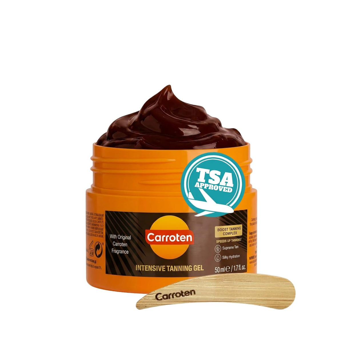 Carroten Intensive Tanning Gel | Browning Tan Accelerator | Non-Greasy, Water-Resistant with Carrot and Coconut Oil | Vitamin A & E For Moisture & Hydration | Made in Greece | 5 oz + Spatula