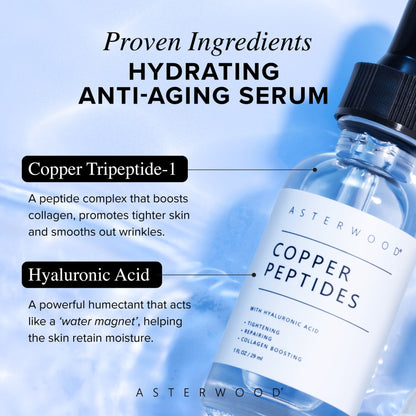 Asterwood Copper Peptides Serum for Face - Tightening, Repairing, Collagen Boosting - with GHK-Cu and Hyaluronic Acid - Fragrance-Free - 2 Fl Oz
