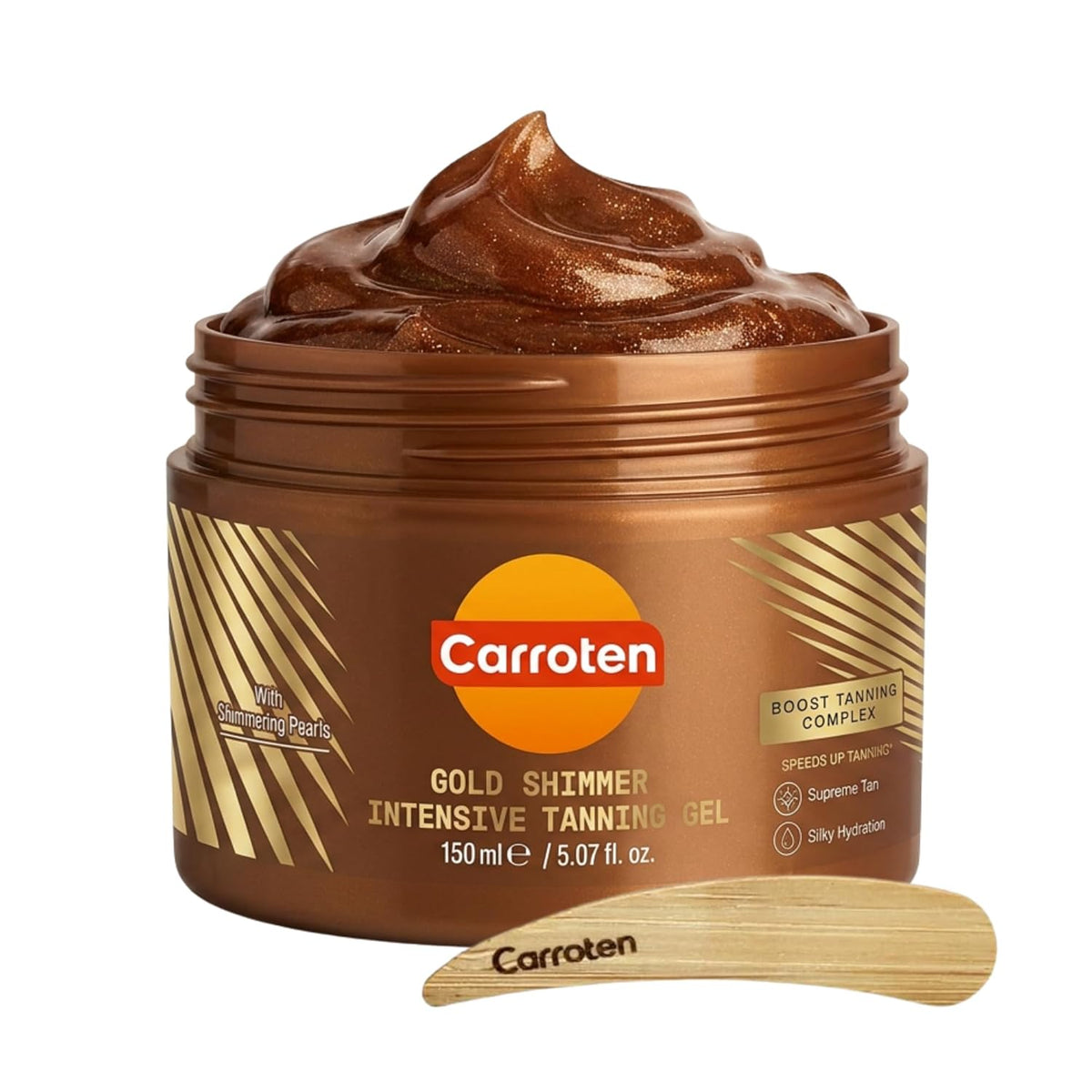 Carroten Intensive Tanning Gel | Browning Tan Accelerator | Non-Greasy, Water-Resistant with Carrot and Coconut Oil | Vitamin A & E For Moisture & Hydration | Made in Greece | 5 oz + Spatula