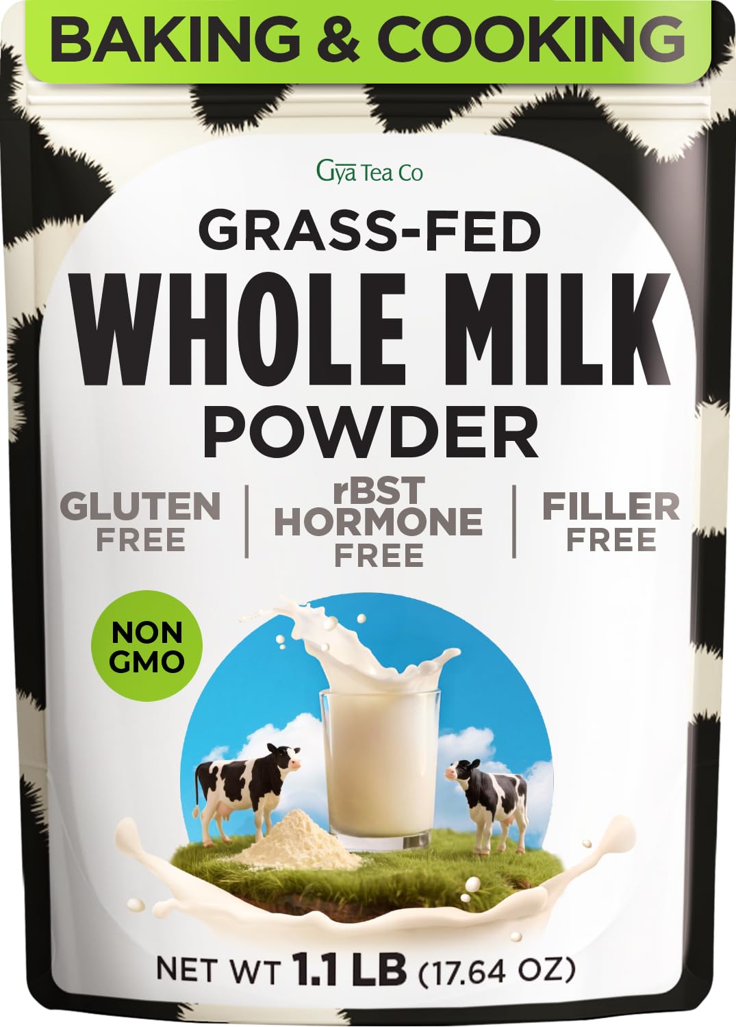 Gya Tea Co Whole Milk Powder 1.1lb (17.64 Oz) - Pasture Raised Source, rBST Hormone Free, Non-GMO - Shelf Stable Premium Grade Powdered Milk for Baking, Cooking, Smoothies - Rich in Protein & Calcium