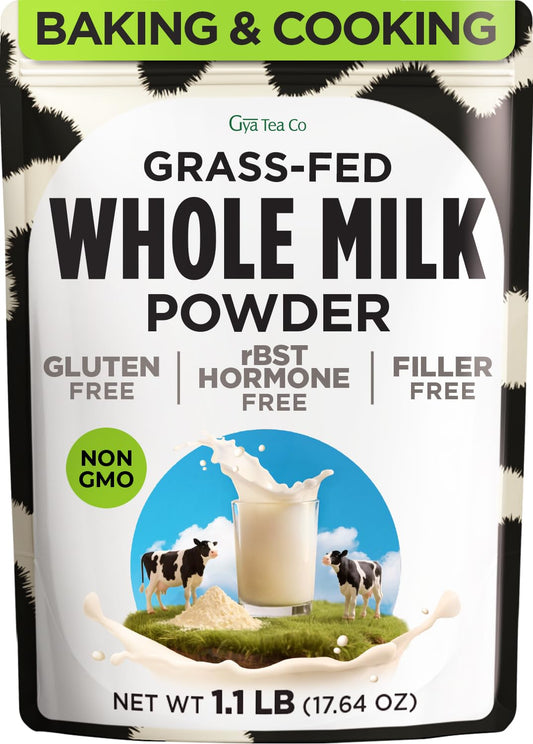 Gya Tea Co Whole Milk Powder 1.1lb (17.64 Oz) - Pasture Raised Source, rBST Hormone Free, Non-GMO - Shelf Stable Premium Grade Powdered Milk for Baking, Cooking, Smoothies - Rich in Protein & Calcium