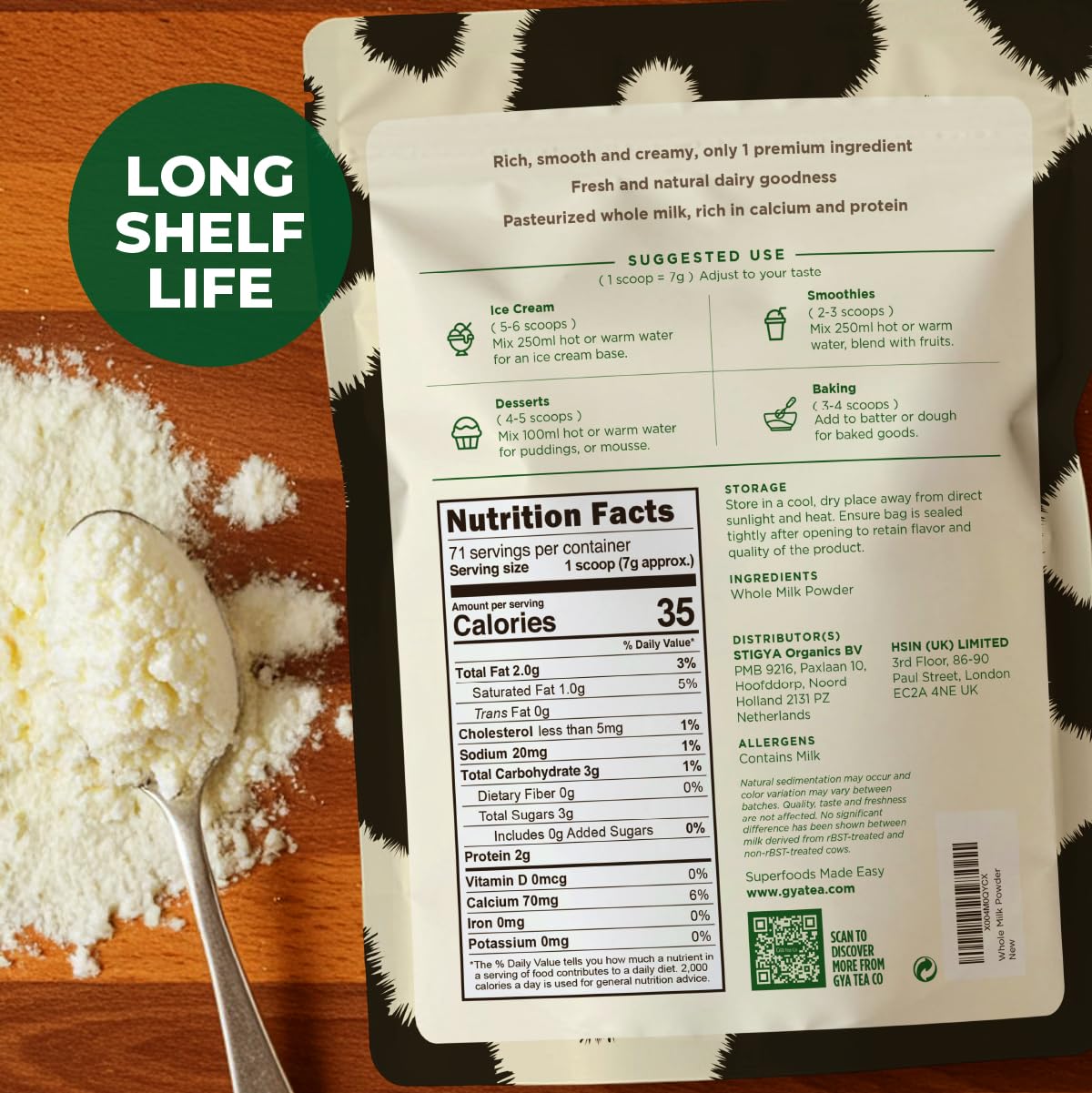 Gya Tea Co Whole Milk Powder 1.1lb (17.64 Oz) - Pasture Raised Source, rBST Hormone Free, Non-GMO - Shelf Stable Premium Grade Powdered Milk for Baking, Cooking, Smoothies - Rich in Protein & Calcium