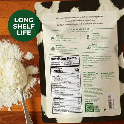Gya Tea Co Whole Milk Powder 1.1lb (17.64 Oz) - Pasture Raised Source, rBST Hormone Free, Non-GMO - Shelf Stable Premium Grade Powdered Milk for Baking, Cooking, Smoothies - Rich in Protein & Calcium