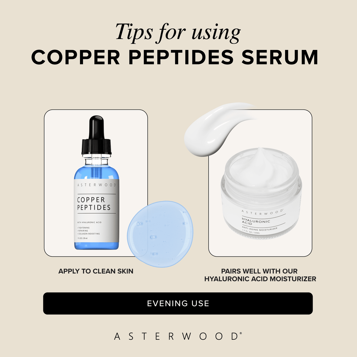 Asterwood Copper Peptides Serum for Face - Tightening, Repairing, Collagen Boosting - with GHK-Cu and Hyaluronic Acid - Fragrance-Free - 2 Fl Oz