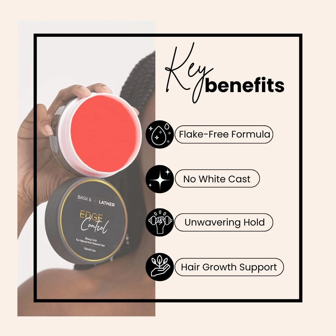BASK  LATHER Strong Hold Edge Control Gel w/Castor Oil, Non-Greasy, Non-Flaking