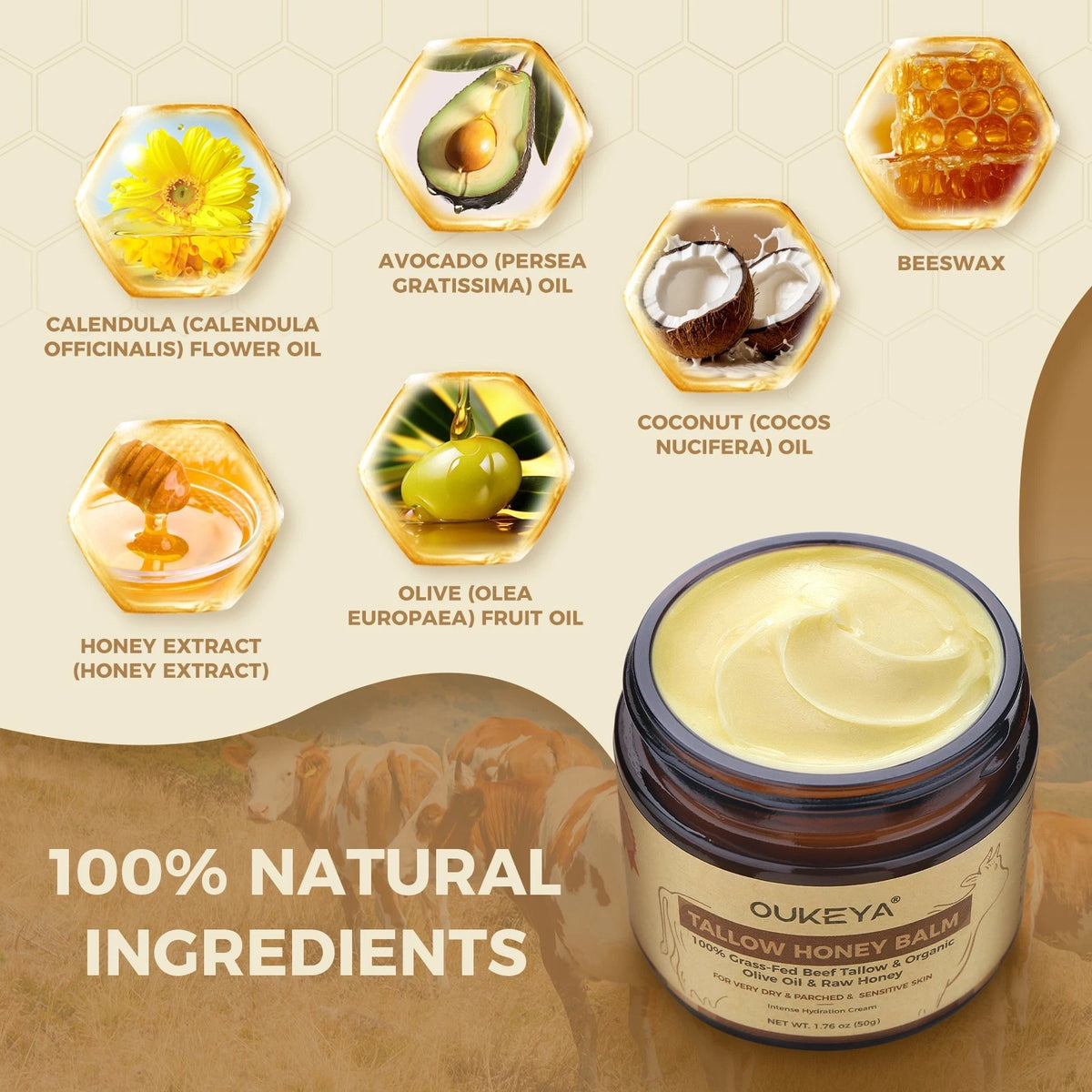 OUKEYA Organic Grass-Fed Beef Tallow Balm with Raw Honey Skin Moisturizer 50g
