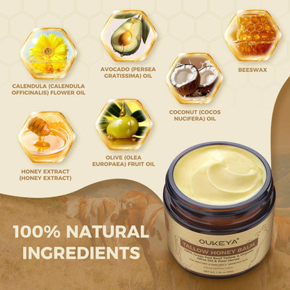 OUKEYA Organic Grass-Fed Beef Tallow Balm with Raw Honey Skin Moisturizer 50g