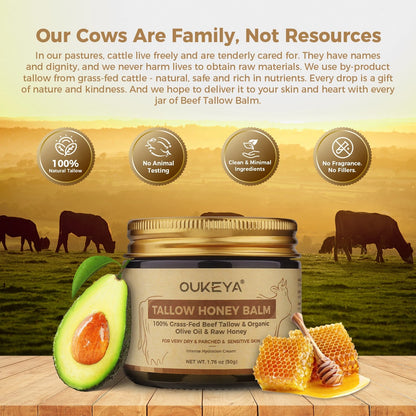 OUKEYA Organic Grass-Fed Beef Tallow Balm with Raw Honey Skin Moisturizer 50g